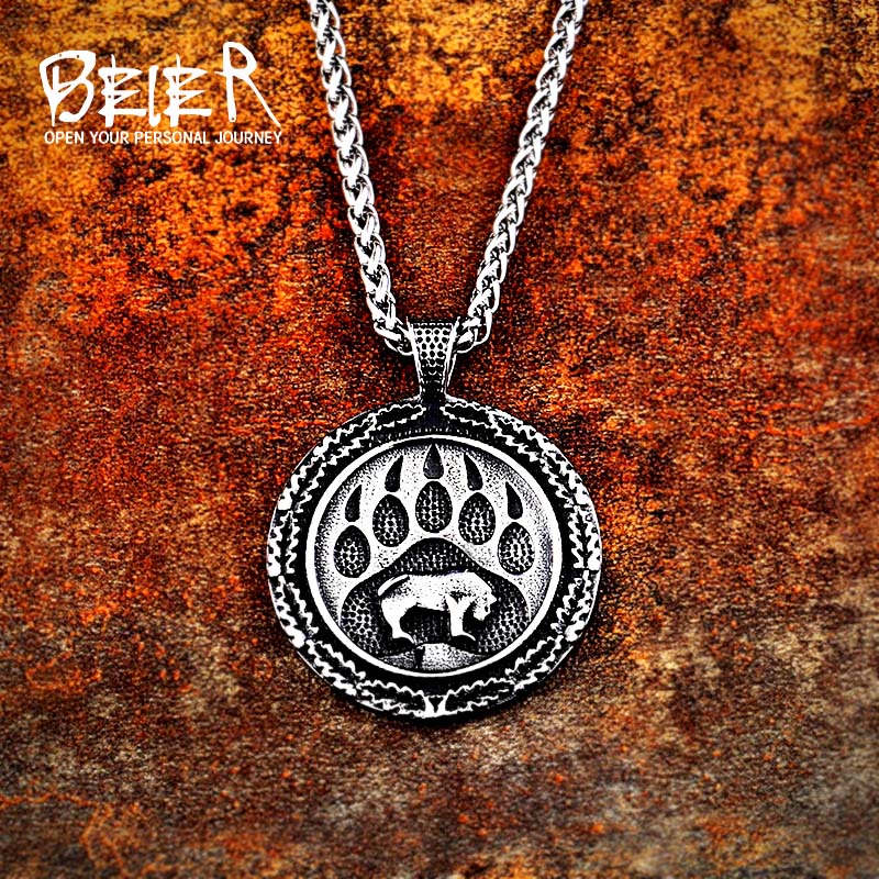 Beier 316L stainless steel Norse Viking Pendant Necklace Bear paw and head Amulet Odin 's Symbol  Original Animal Jewelry LP371