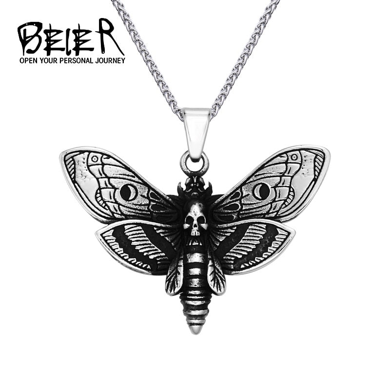 Beier  Death Head Skull Butterfly Moth Pendant necklace For Man Stainless Steel Punk good detail Animal Jewelry BP8-599