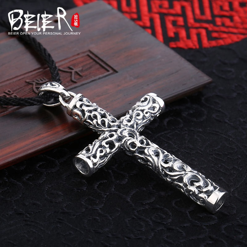 Beier store  thai silver color cross pendant necklace jewelry free give rope for man women Gift A2473