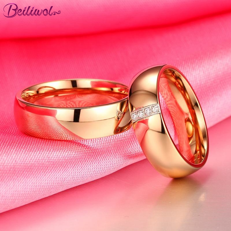 Wedding Rings for Women & Men AAA Zircon Simple Fashion 316L Stainless Steel Rose Gold Color Engagement Jewelry Couple