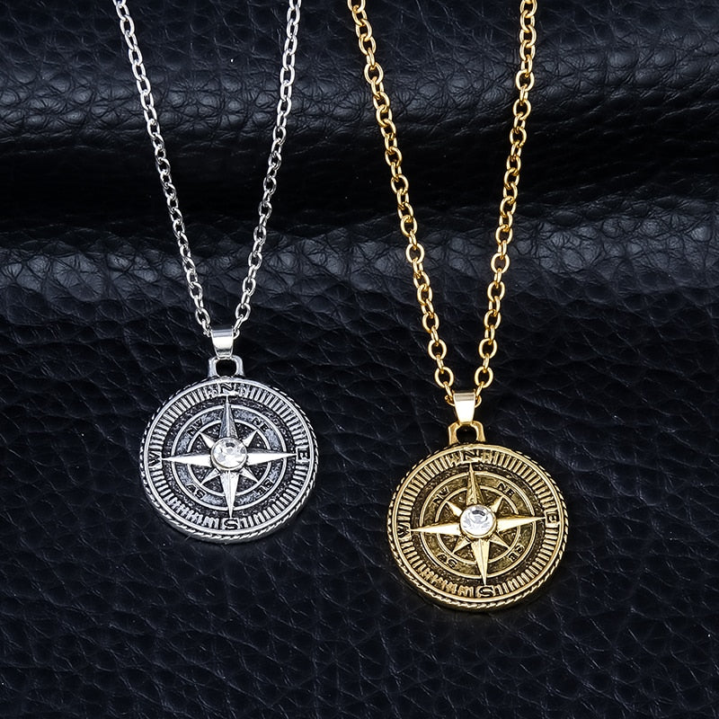 Berbeny Vintage Cross Octagon Star Necklace Men Women Simple Hip Hop Round Drop Compass Necklaces Chain Cross Jewelry