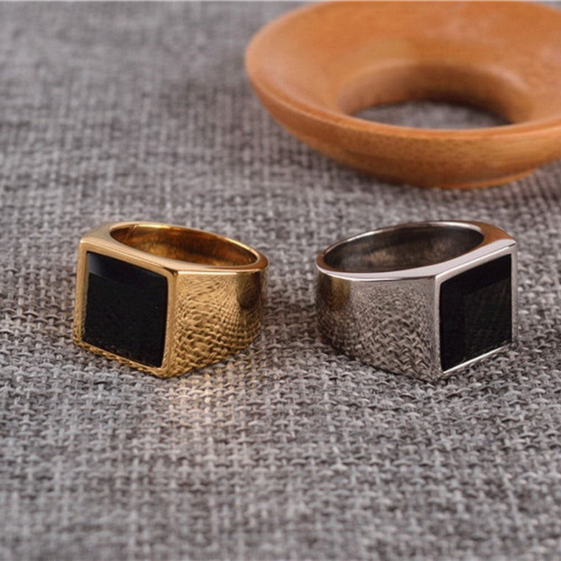 Bezel Square Black Onyx Stone Signet Ring Men In Stainless Steel Simple Brief Style Silver/ Gold Color Co Fashion Mens Jewelry