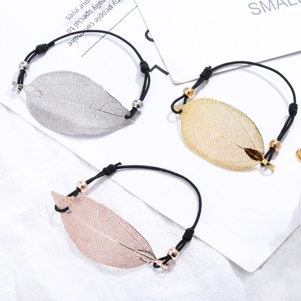 Big Artificial Leaves Bracelet Gold Silver Color Leaf Pendant Elastic Rope Chain Bracelets For Woman Jewelry Accessories