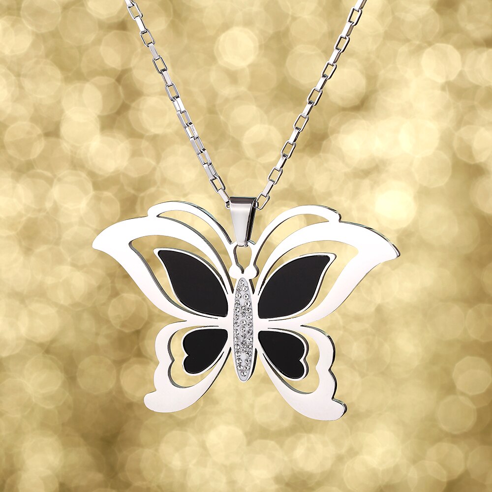 Big Butterfly Pendant Stainless Steel Necklace For Women Cute Insect  Silvery Sweater Chain Jewelry Gift