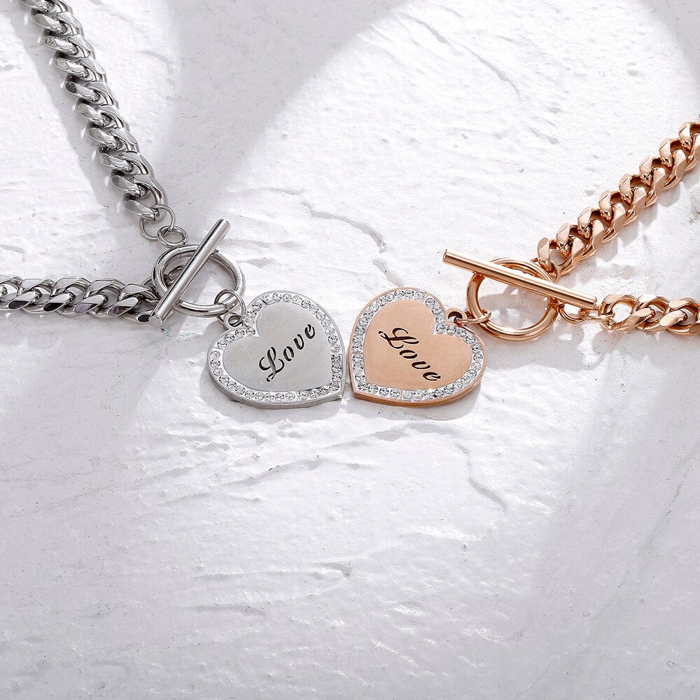 Big Chain Couple Necklace for Men Women Heart 2 pcs Love Pendant Necklace Double Color Friends Family Lovers Jewelry Gift