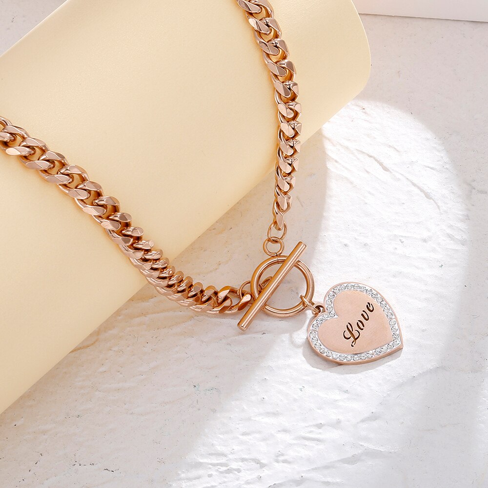 Big Chain Couple Necklace for Men Women Heart 2 pcs Love Pendant Necklace Double Color Friends Family Lovers Jewelry Gift