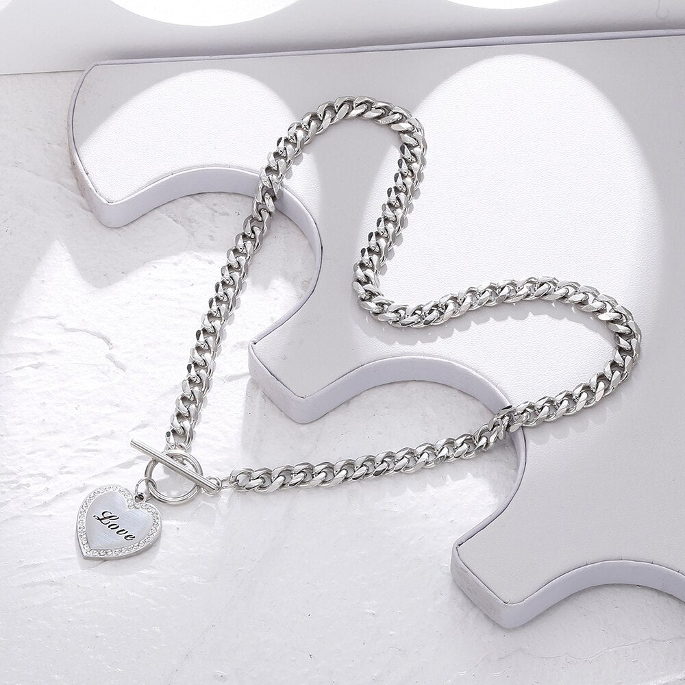 Big Chain Couple Necklace for Men Women Heart 2 pcs Love Pendant Necklace Double Color Friends Family Lovers Jewelry Gift