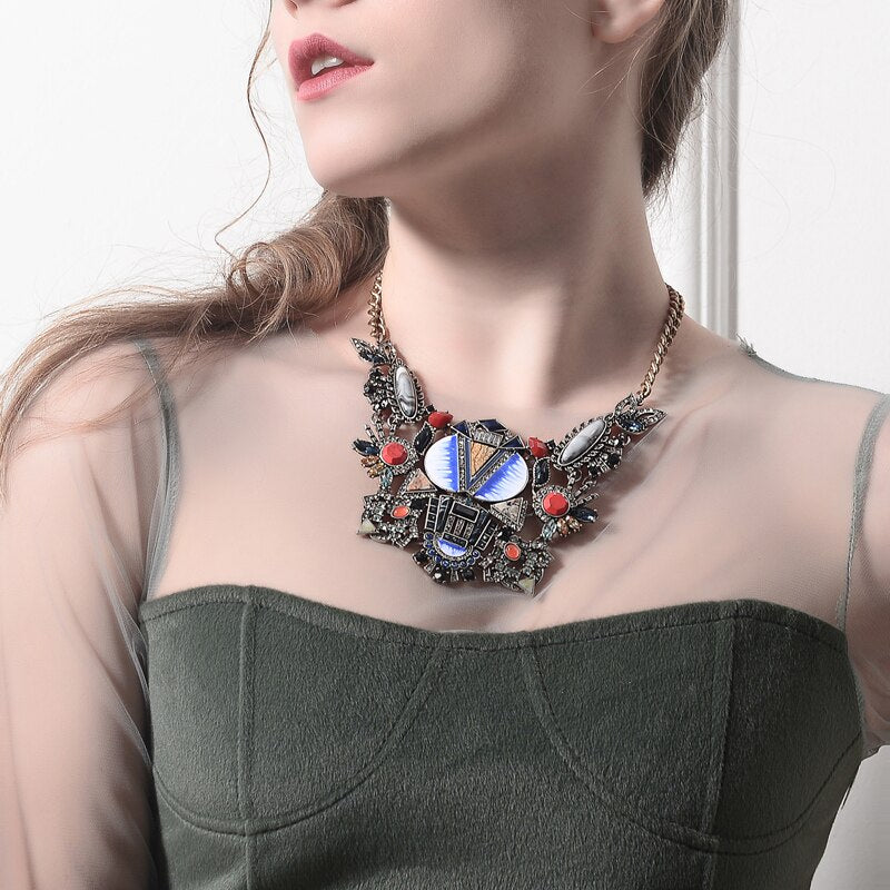 Big Geometric Pendant Enamel Natural Stone Collar Necklace aliexpress Chunky Retro Statement Necklace Women Jewelry