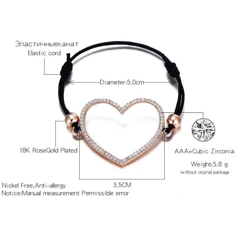 Big Hollow Heart Bracelet Gold Silver Color Crystal Heart Pendant Elastic Rope Chain Bracelets For Woman Jewelry Gifts
