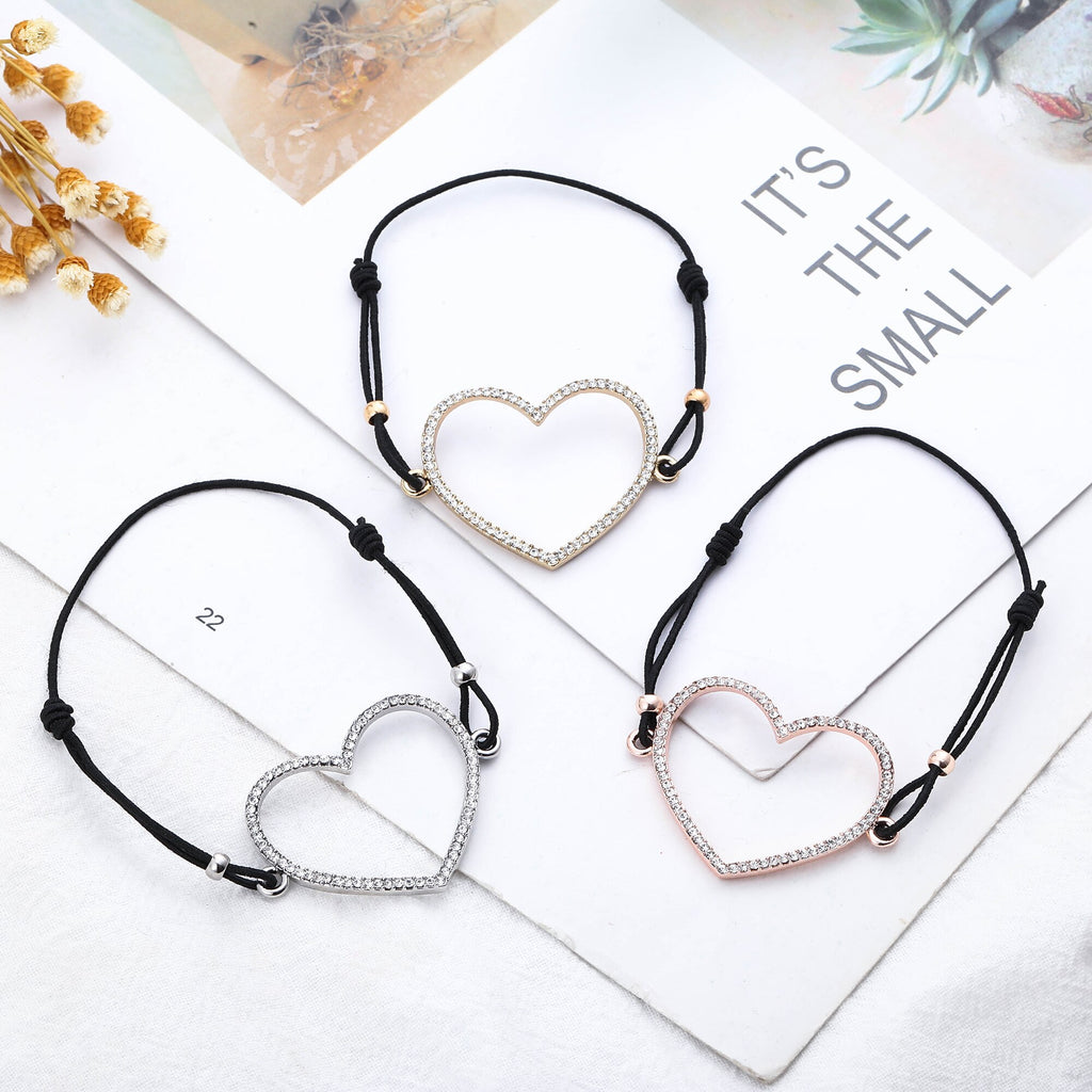 Big Hollow Heart Bracelet Gold Silver Color Crystal Heart Pendant Elastic Rope Chain Bracelets For Woman Jewelry Gifts