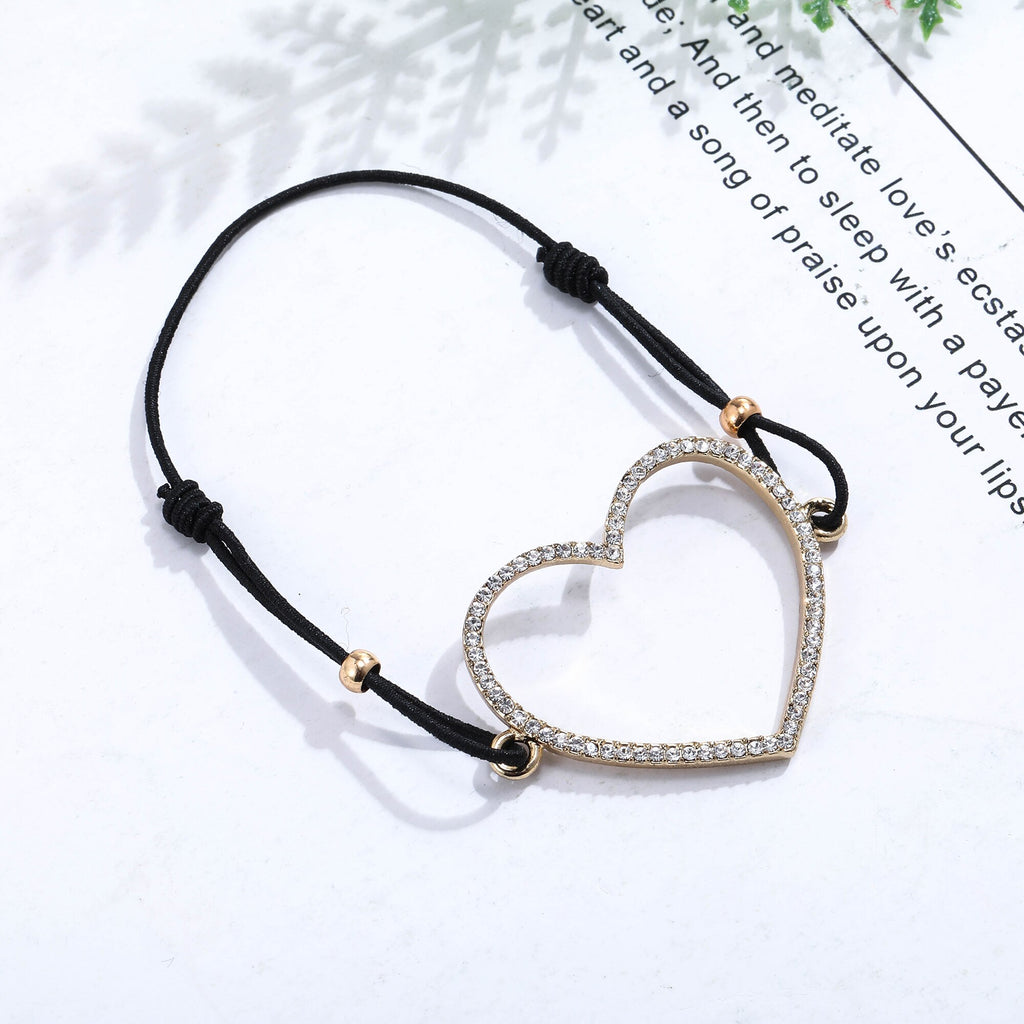 Big Hollow Heart Bracelet Gold Silver Color Crystal Heart Pendant Elastic Rope Chain Bracelets For Woman Jewelry Gifts