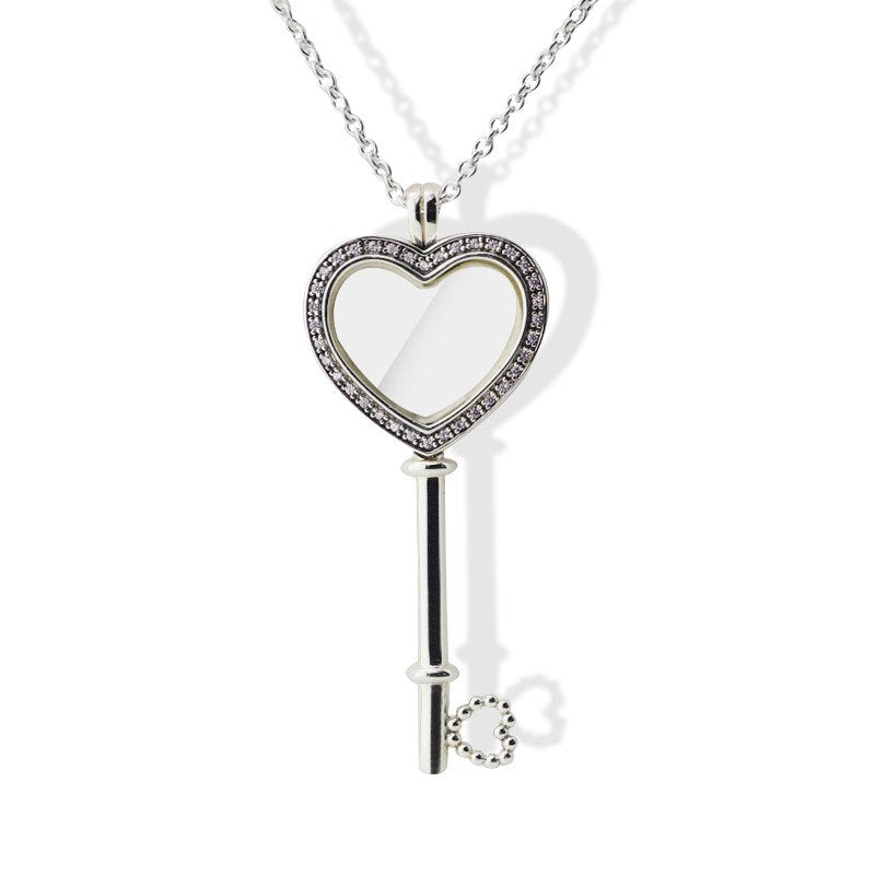 Big Key Necklace 100% 925 Sterling Silver Floating Locket Heart ,Sapphire Crystal & Pink Cz Necklaces DIY Fine Jewelry SN055