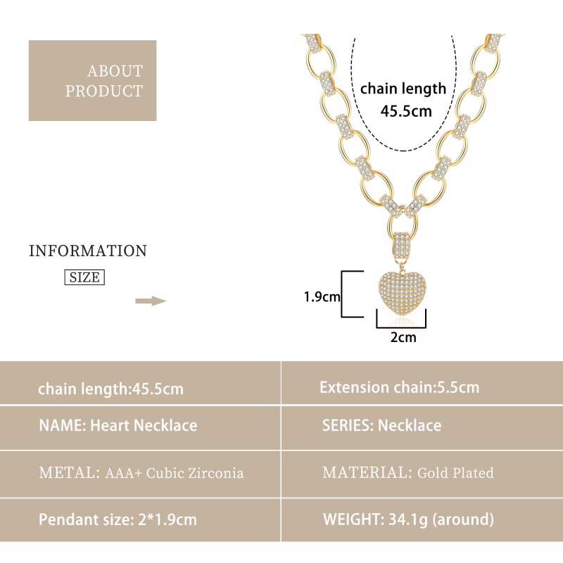Big Link Chain Chokers Necklace for Women Gold Silver Color Heart with Bing Zircon Statement Necklaces Ketting Jewelry