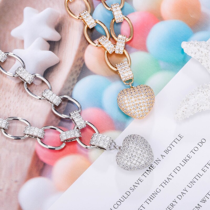 Big Link Chain Chokers Necklace for Women Gold Silver Color Heart with Bing Zircon Statement Necklaces Ketting Jewelry
