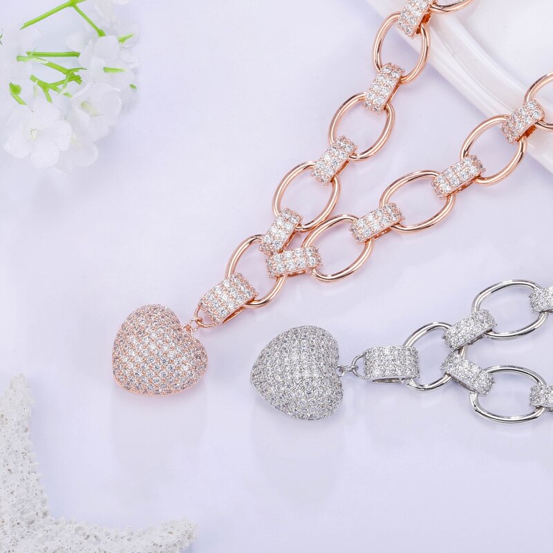 Big Link Chain Chokers Necklace for Women Gold Silver Color Heart with Bing Zircon Statement Necklaces Ketting Jewelry