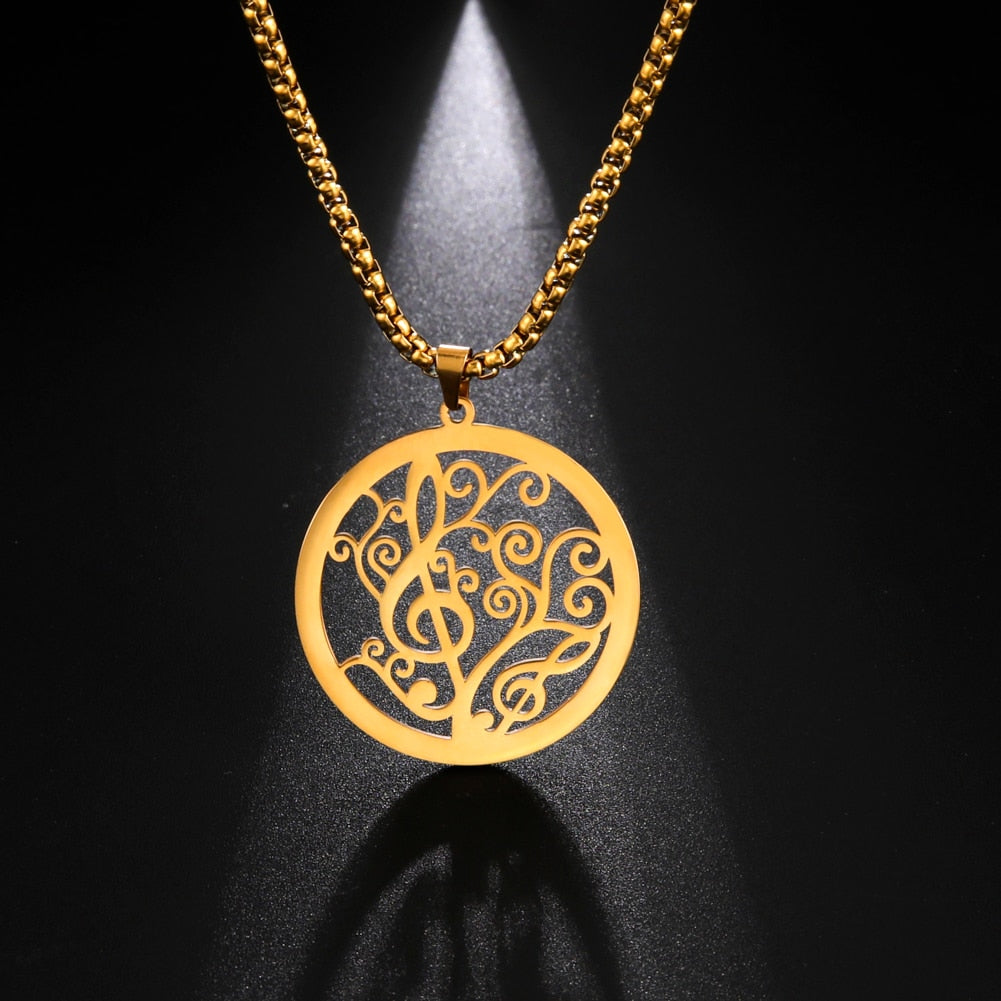 Big Music Note Treble Musical Symbol G Clef Necklace Gold Color Stainless Steel Box Chain Pendant Gift For Man Woman Jewelry