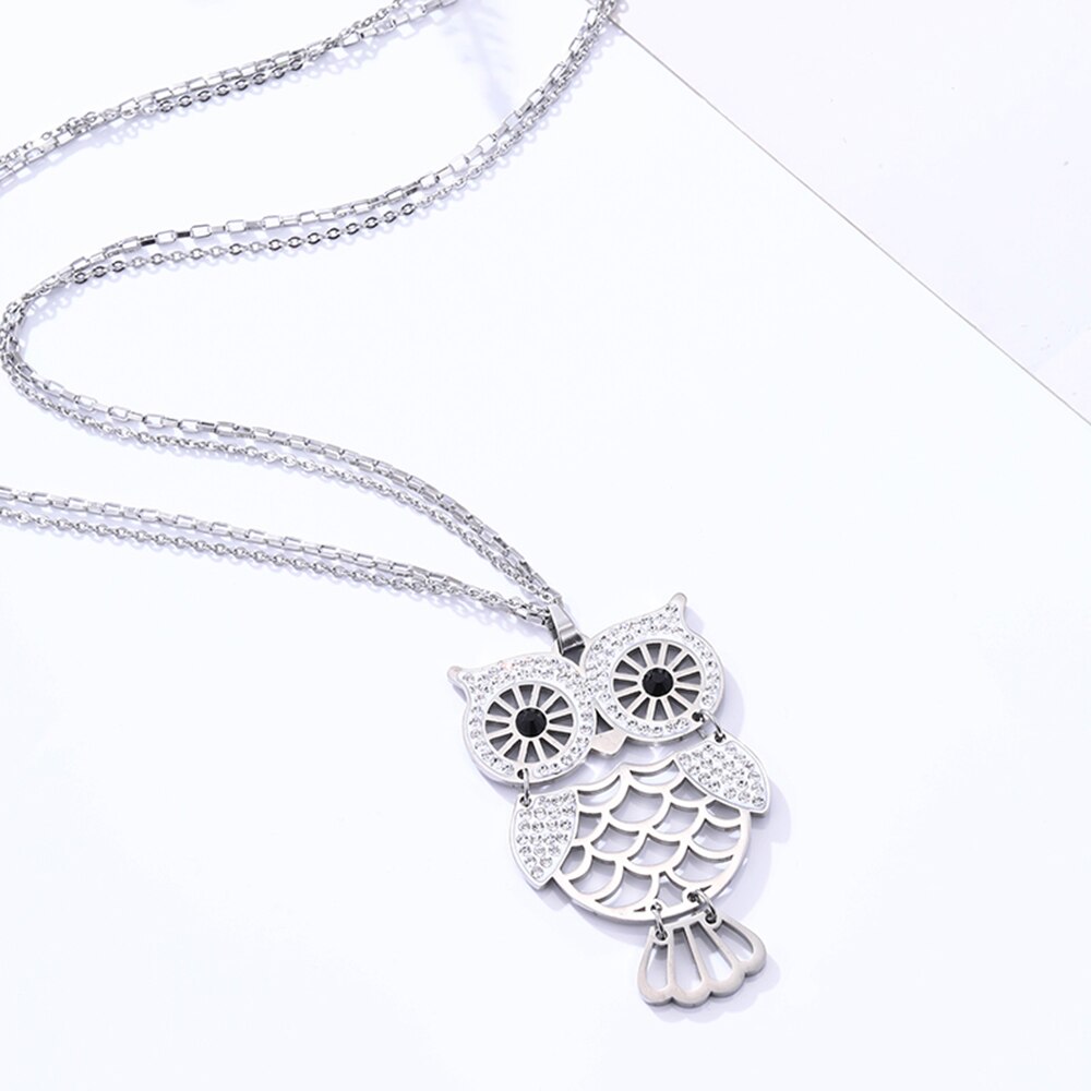 Big Owl Pendant Necklaces For Women Stainless Steel Double Layer Chain Long Necklaces Jewelry Accessory 2022 New