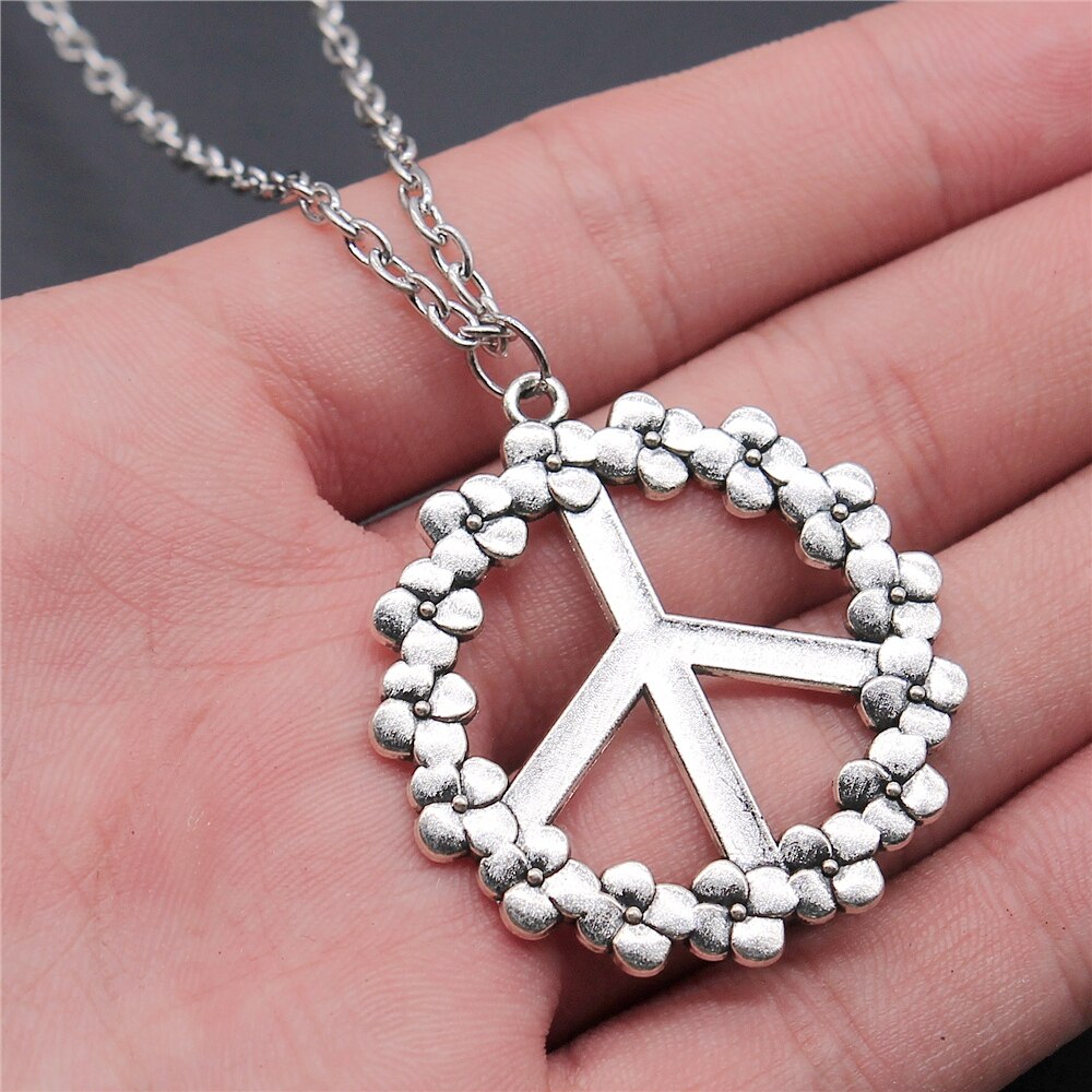Big Peace Sign Pendant Necklace Simple Vintage Peace Symbol Pendant Necklace Metal Chain Long Chain Necklace