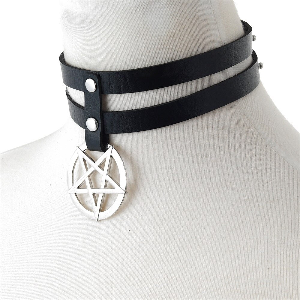 Big Pentagram Choker Goth Collar Women girls Pu Leather Necklace Party Club Cosplay Gothic Jewelry