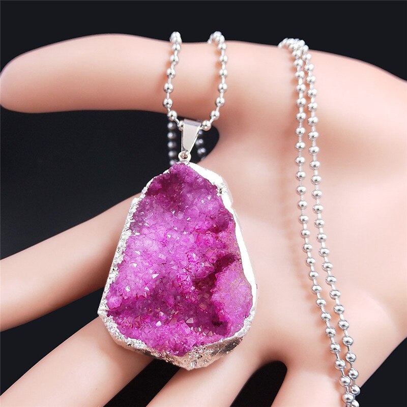 Big Pink Crystal Necklaces for Women Silver Color Boho Long Charm Necklaces Jewelry pierre naturelle et cristaux NXS04