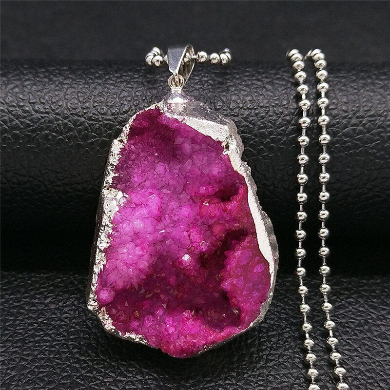 Big Pink Crystal Necklaces for Women Silver Color Boho Long Charm Necklaces Jewelry pierre naturelle et cristaux NXS04