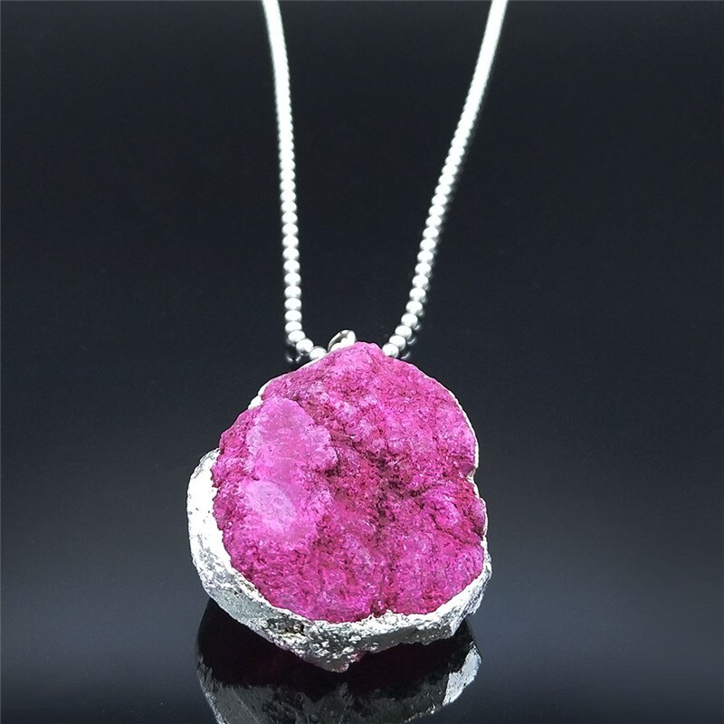 Big Pink Crystal Necklaces for Women Silver Color Boho Long Charm Necklaces Jewelry pierre naturelle et cristaux NXS04