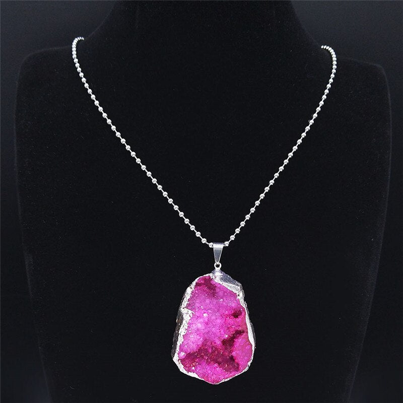 Big Pink Crystal Necklaces for Women Silver Color Boho Long Charm Necklaces Jewelry pierre naturelle et cristaux NXS04