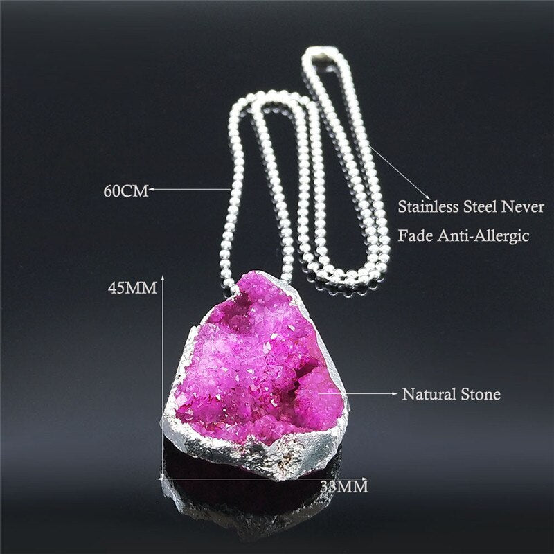 Big Pink Crystal Necklaces for Women Silver Color Boho Long Charm Necklaces Jewelry pierre naturelle et cristaux NXS04