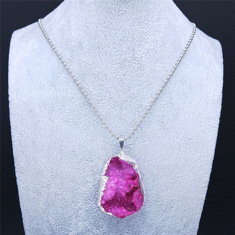 Big Pink Crystal Necklaces for Women Silver Color Boho Long Charm Necklaces Jewelry pierre naturelle et cristaux NXS04