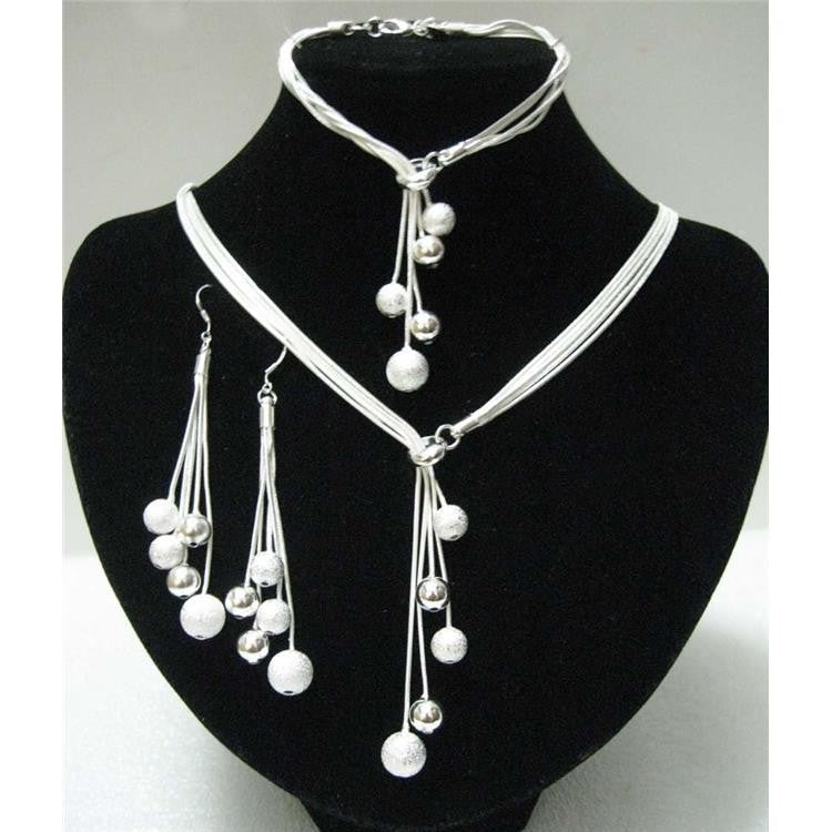 Big Sale Women's Jewelry Polished Finished Bracelets Y-shape Necklaces Drop Earrings Silver Plated Beads African Jewelry Sets