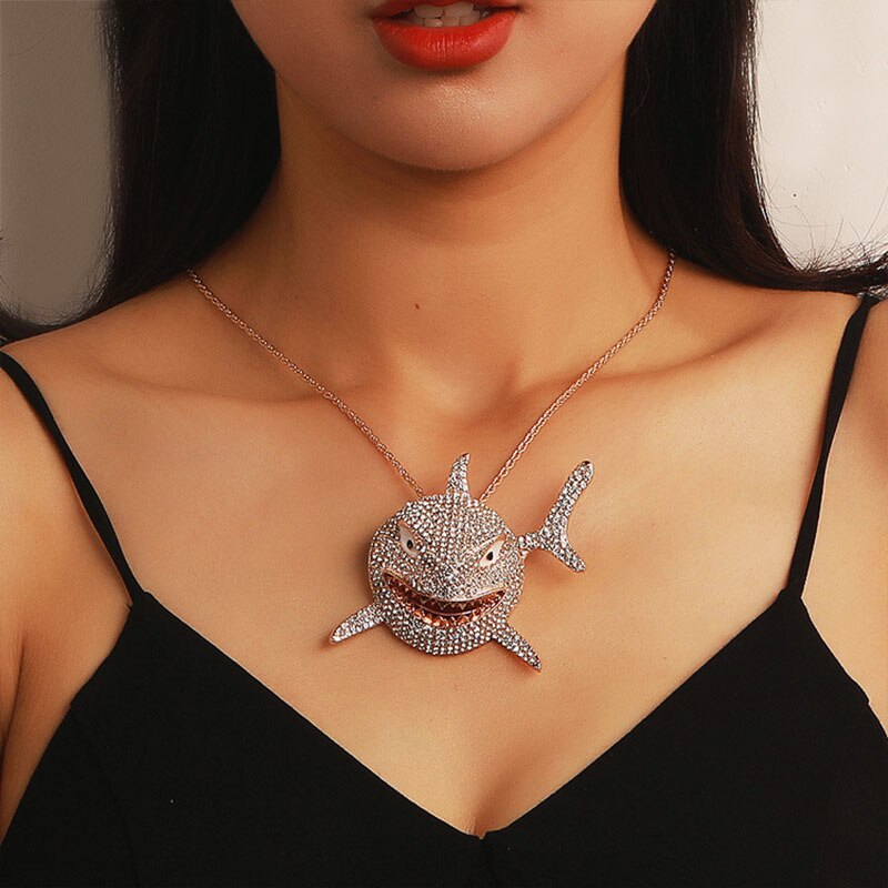 Big Size AAA Zircon Shark Pendant Necklace For Men Hip Hop Bling Jewelry With Chain  Jewelry