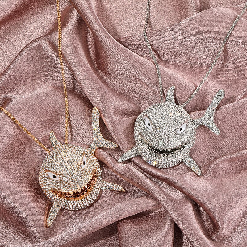 Big Size AAA Zircon Shark Pendant Necklace For Men Hip Hop Bling Jewelry With Chain  Jewelry