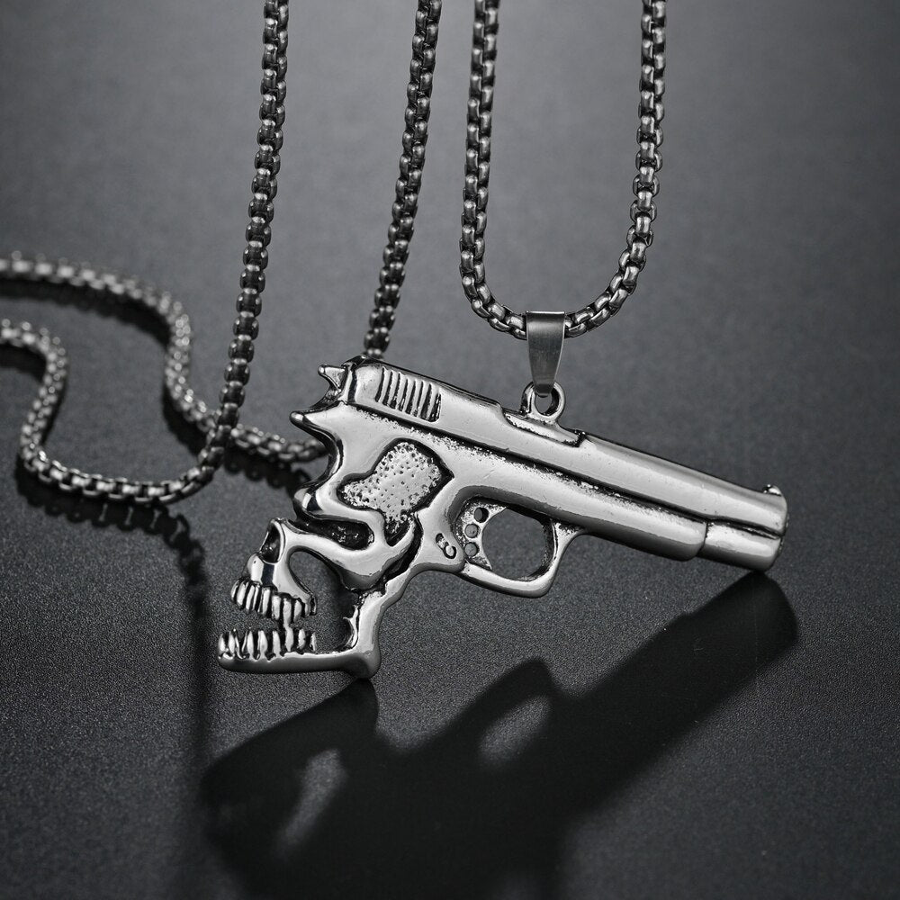 Big Skull Gun Necklace Long Handmade Pendant Necklace Women Men Jewelry Gift