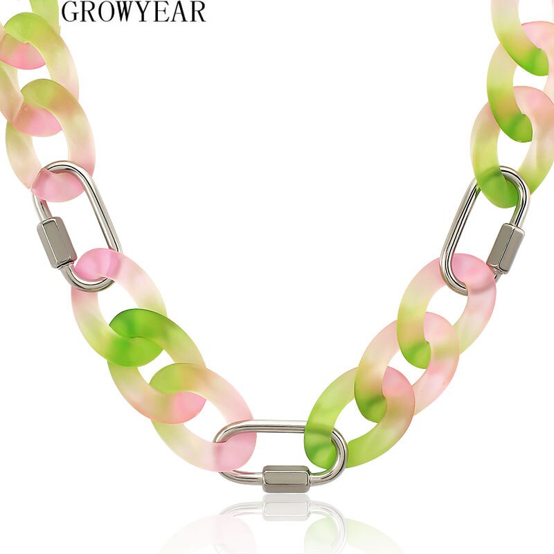 Big Wide Green Pink Colorful Acrylic Cuban Chain Choker Necklace for Women Stainless Steel Carabiner Climbing Lock Party Jewelry