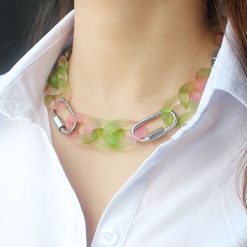 Big Wide Green Pink Colorful Acrylic Cuban Chain Choker Necklace for Women Stainless Steel Carabiner Climbing Lock Party Jewelry