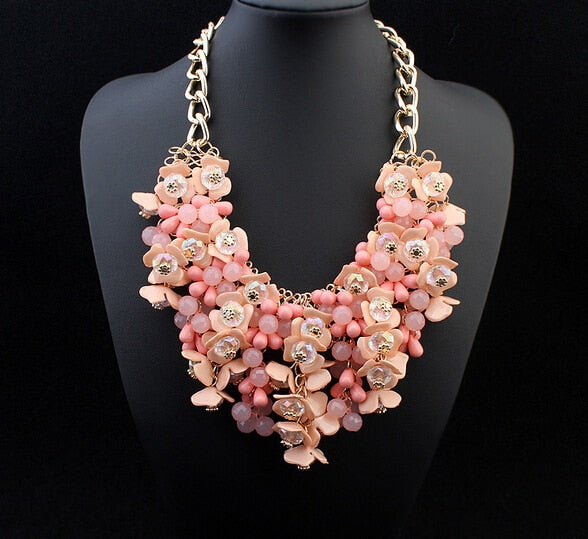 Big statement maxi necklace aliexpress hot selling jewelry 4 color Beaded flower Gold choker colar Necklace for women jewelry