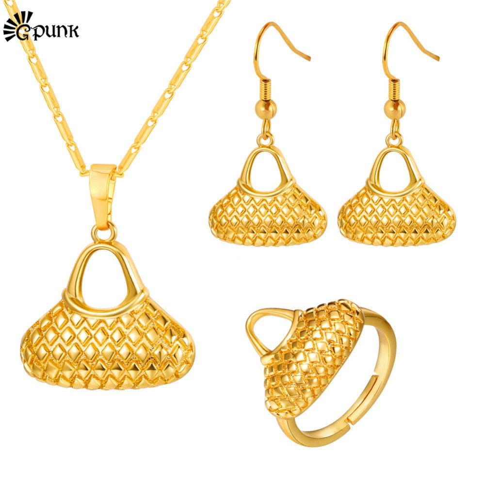 Bilum Bag Jewelry Set for Women Gold Color Necklace Earrings Ring 3 Pcs PNG Papua New Guinea Girl Gift