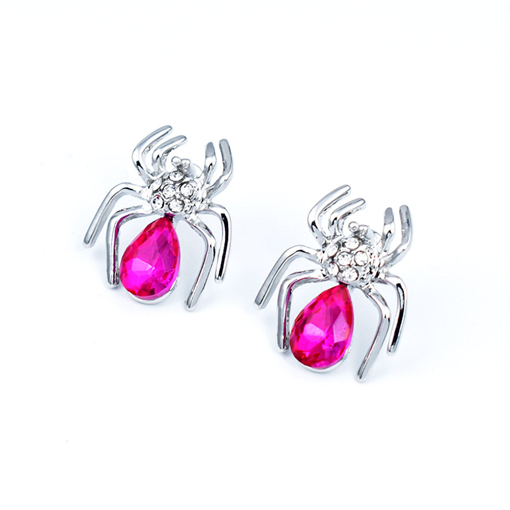 Cute Crystal Spider Shape Stud Earrings For Women Female Silver Color Red Blue White Ear Studs Simple Jewelry