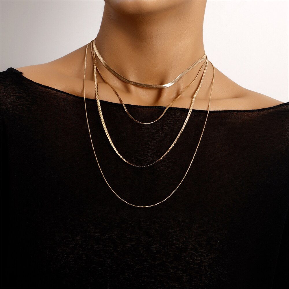 Biokia Multilayer HipHop Necklace Choker For Women Statement Gold Color Simple Snake Bone Chain Personality Neck Female Jewelry