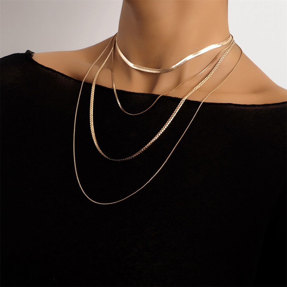 Biokia Multilayer HipHop Necklace Choker For Women Statement Gold Color Simple Snake Bone Chain Personality Neck Female Jewelry