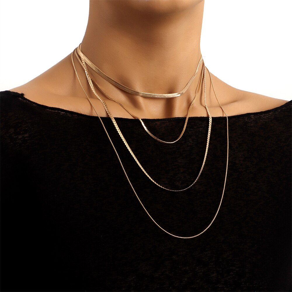 Biokia Multilayer HipHop Necklace Choker For Women Statement Gold Color Simple Snake Bone Chain Personality Neck Female Jewelry
