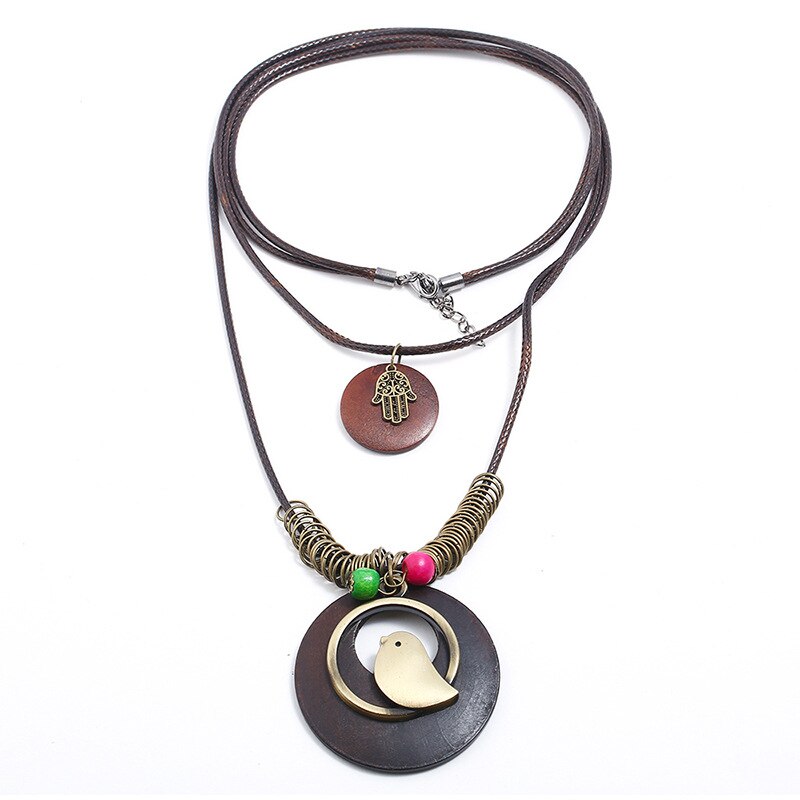 Bird Hamsa  Long Round Wood Vintage Alloy Charms Pendant Leather Necklace Women Men Sweater Chain Jewelry