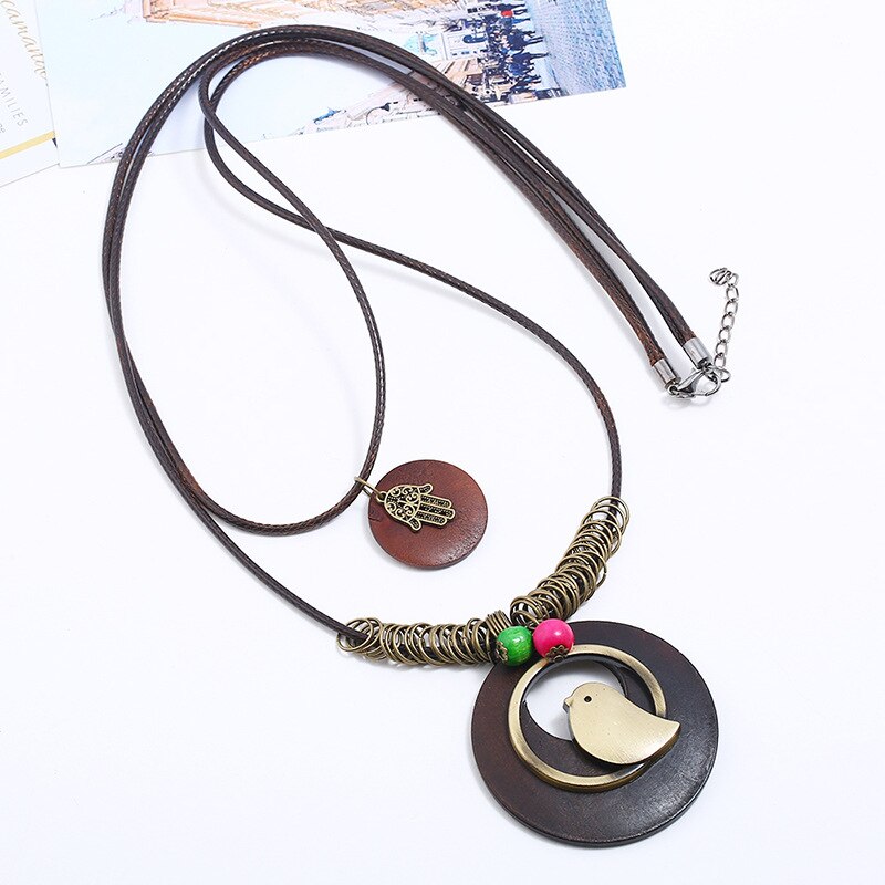 Bird Hamsa  Long Round Wood Vintage Alloy Charms Pendant Leather Necklace Women Men Sweater Chain Jewelry