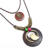 Bird Hamsa  Long Round Wood Vintage Alloy Charms Pendant Leather Necklace Women Men Sweater Chain Jewelry