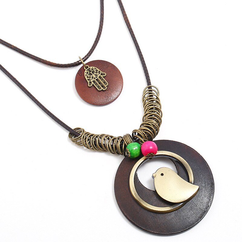 Bird Hamsa  Long Round Wood Vintage Alloy Charms Pendant Leather Necklace Women Men Sweater Chain Jewelry