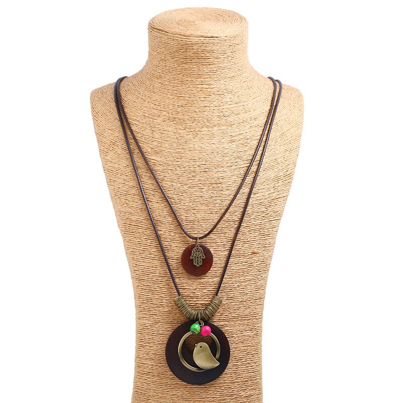 Bird Hamsa  Long Round Wood Vintage Alloy Charms Pendant Leather Necklace Women Men Sweater Chain Jewelry