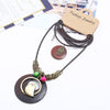 Bird Hamsa  Long Round Wood Vintage Alloy Charms Pendant Leather Necklace Women Men Sweater Chain Jewelry