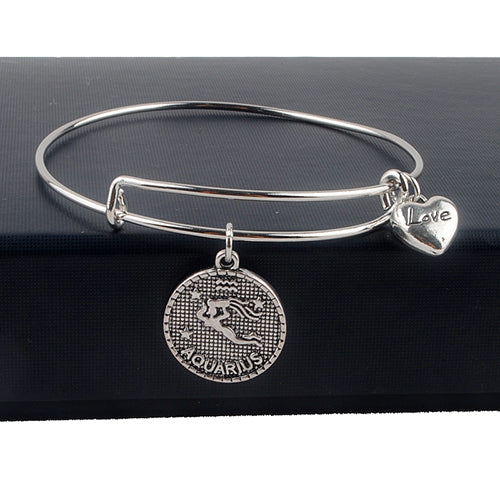 Birthd Gift Antique Silver 12 Constellation Charm Bracelet Love Heart Dangle Adjustable Bangle Pulseira Retro Jewelry XY160416
