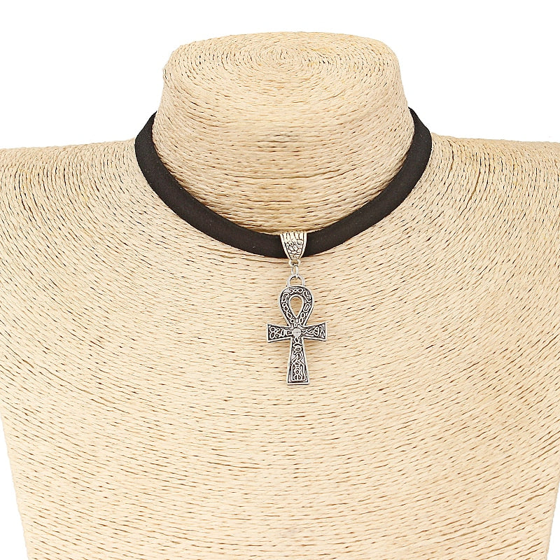 Black 10mm Flat Faux Suede Cord Egypt Ankh Cross Charm Choker 13 Inches Necklace Wiccan Pagan Gothic Jewelry