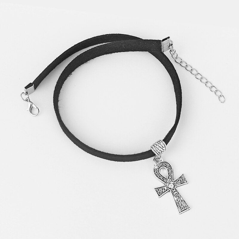 Black 10mm Flat Faux Suede Cord Egypt Ankh Cross Charm Choker 13 Inches Necklace Wiccan Pagan Gothic Jewelry
